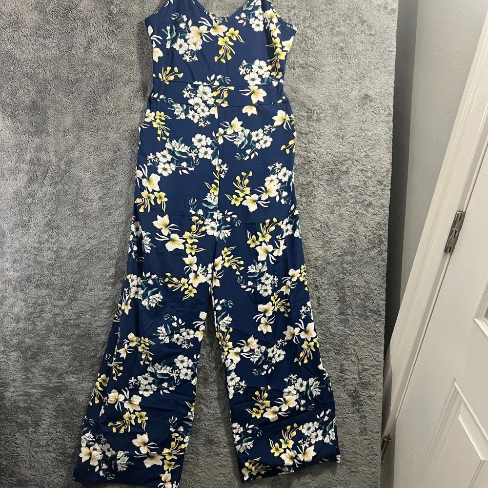 Navy Blue Floral Wide Leg Jumpsuit Sleeveless Cutout Back Tie Size S/M